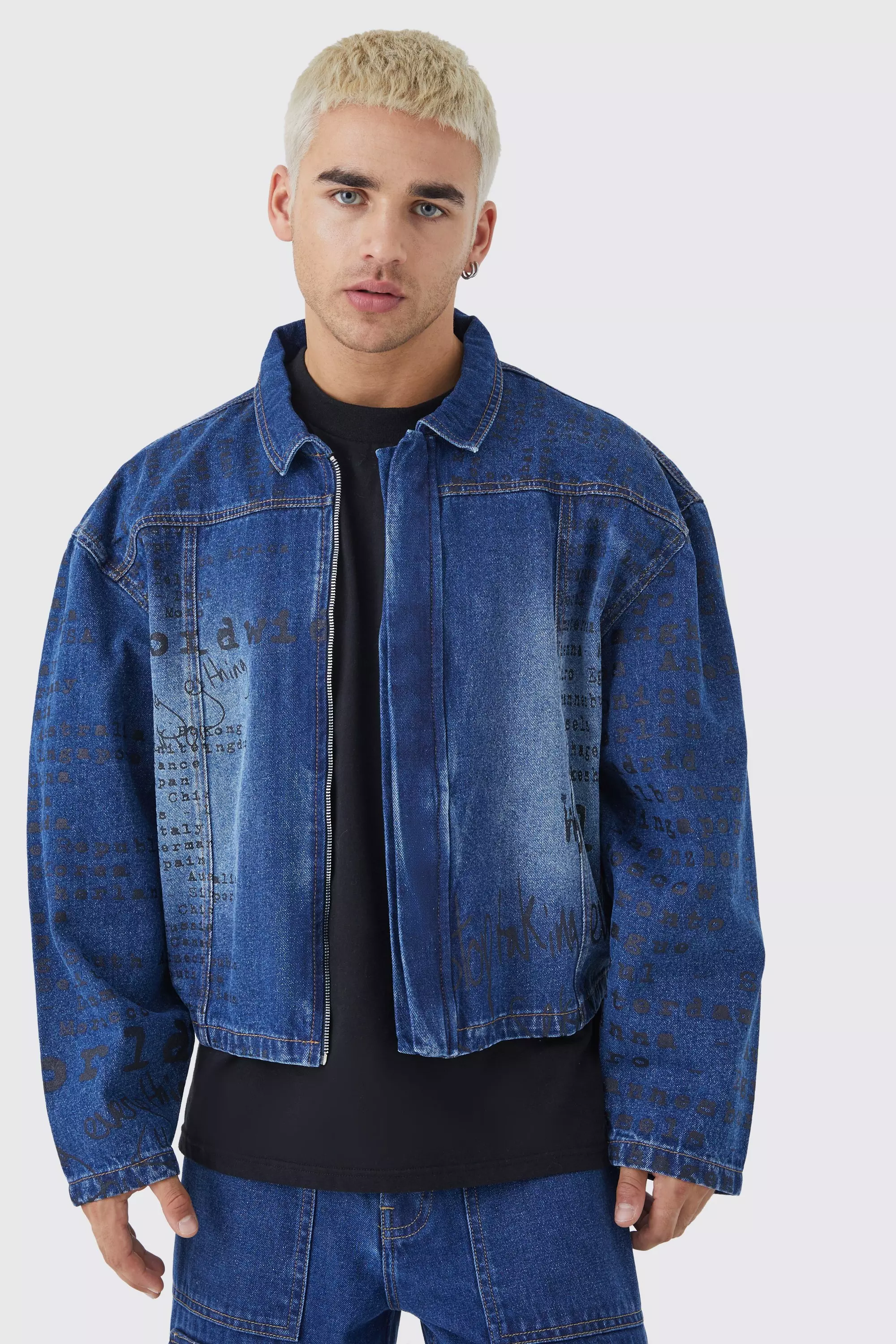 Blue Boxy Fit All Over Text Laser Print Jean Jackets