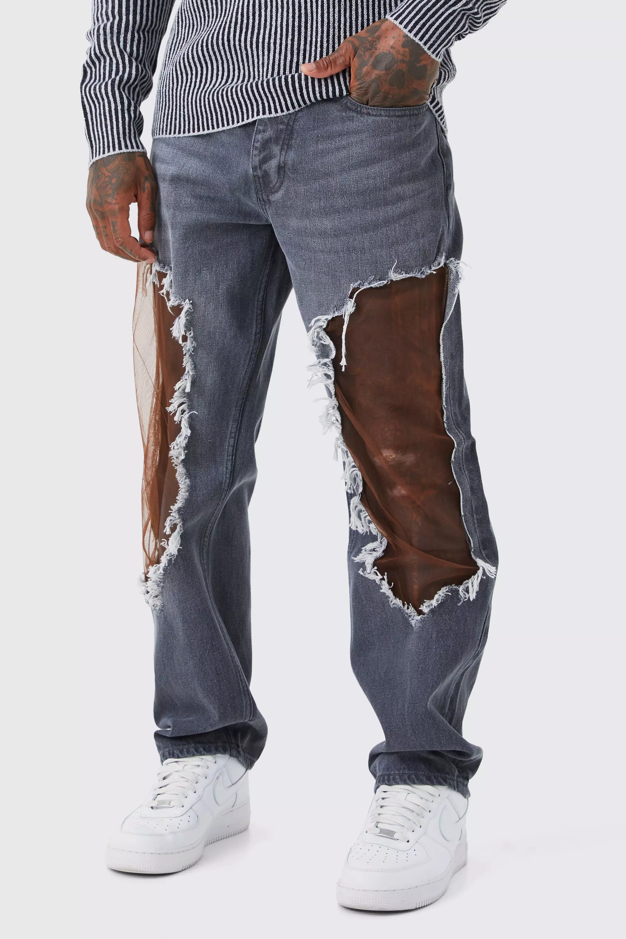 Relaxed Rigid Burnt Out Mesh Jeans Mid grey