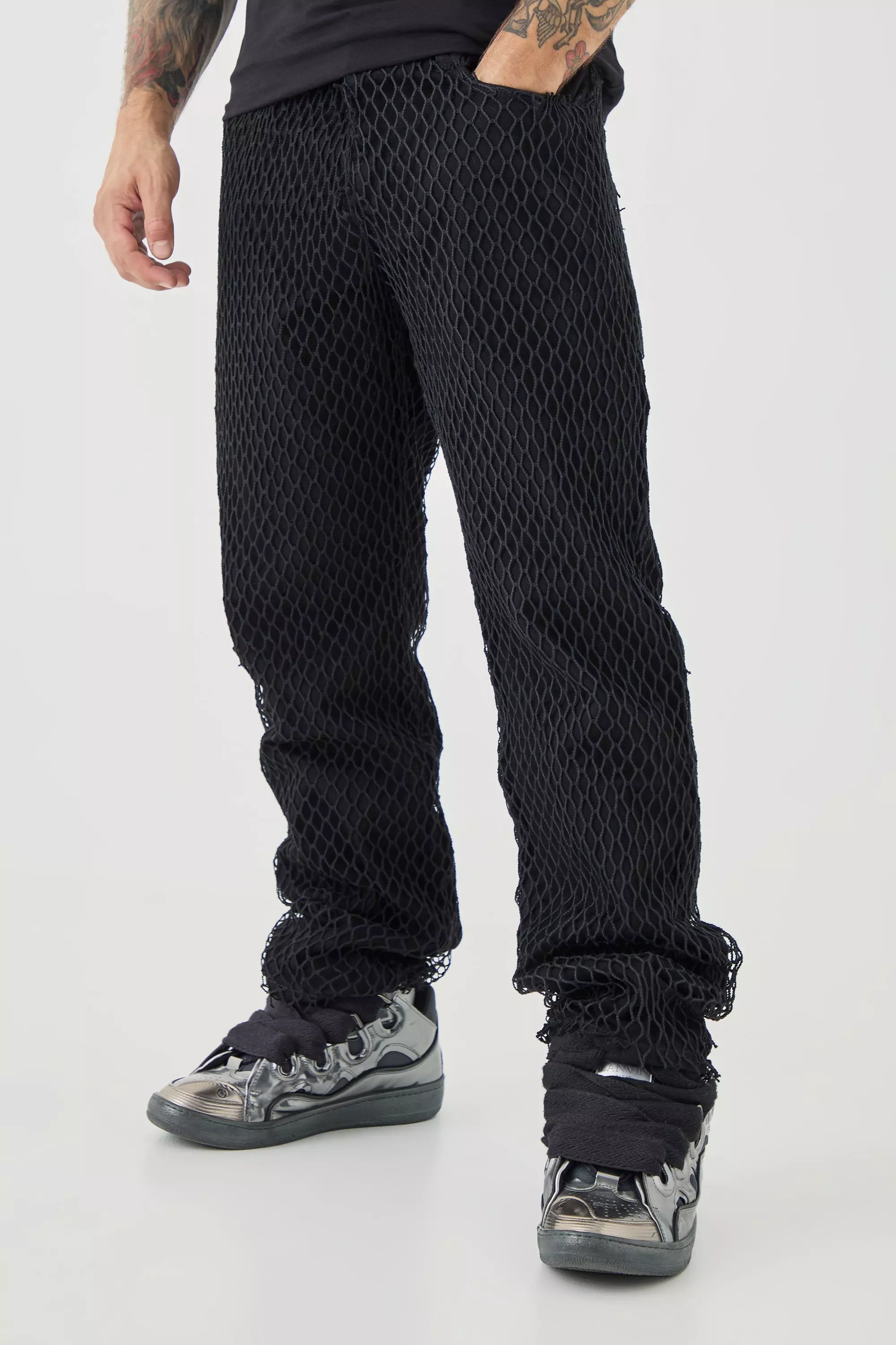 Relaxed Rigid Net Overlayed Jeans True black