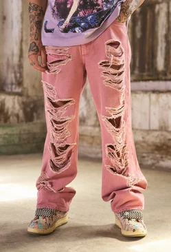 Baggy Rigid All Over Ripped Overdyed Jeans Pink