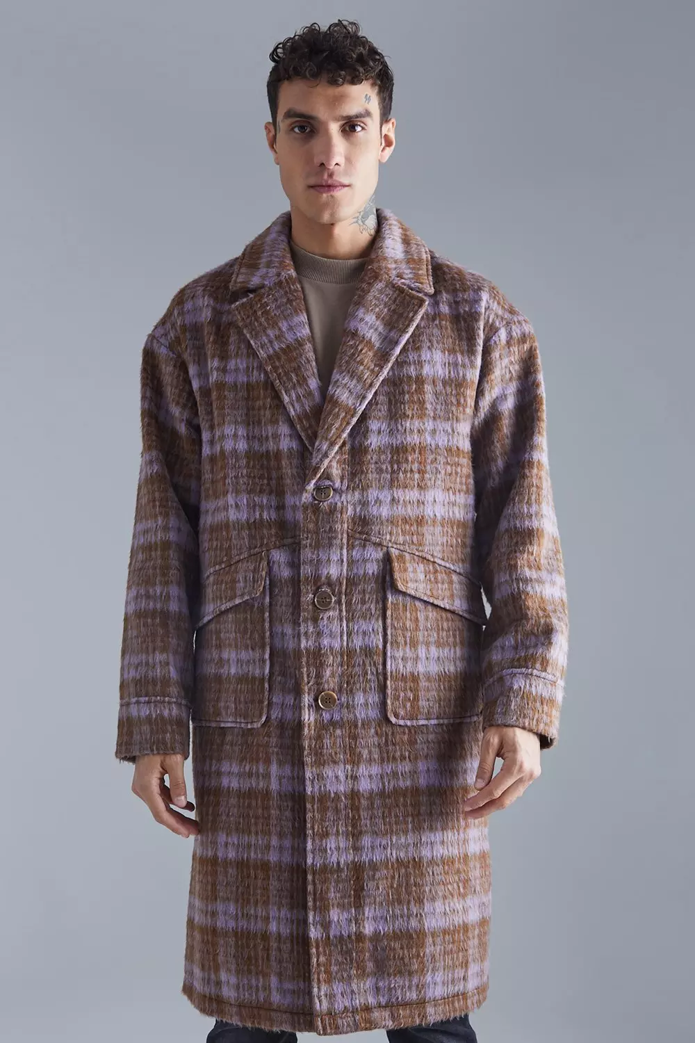 Brown Single Breasted Brushed Check Overcoat alternative image