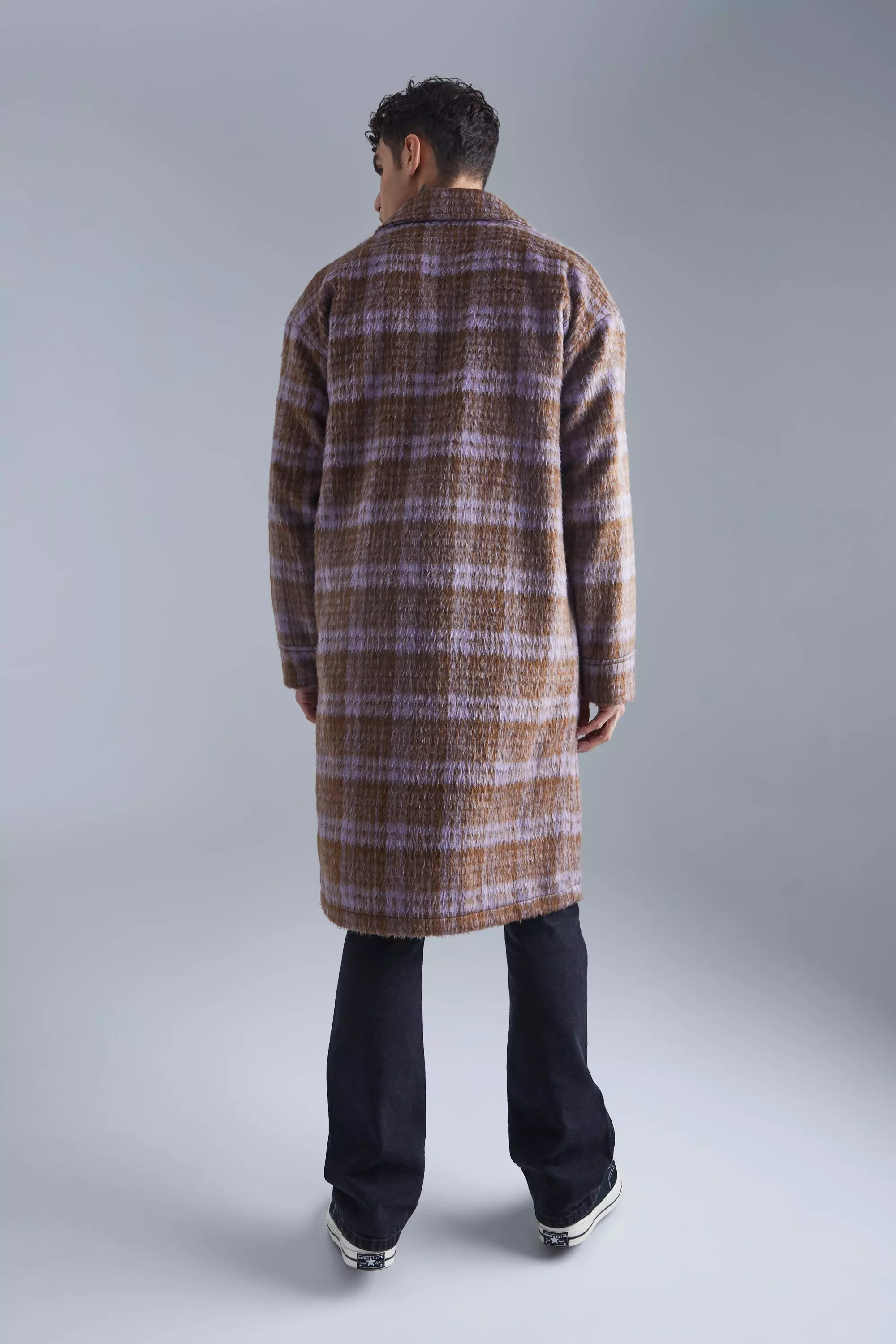 Brown Single Breasted Brushed Check Overcoat alternative image