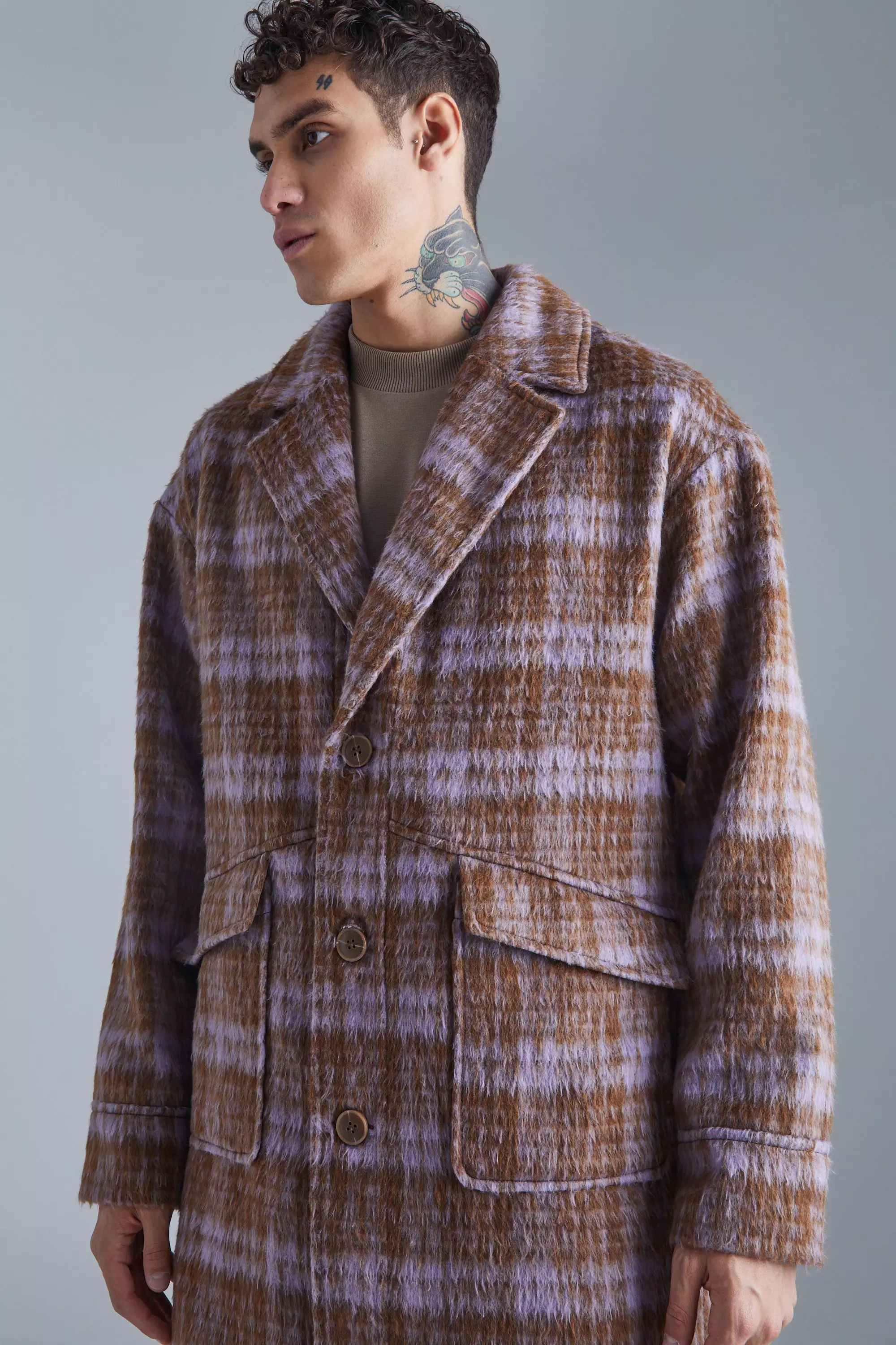 Brown Single Breasted Brushed Check Overcoat alternative image