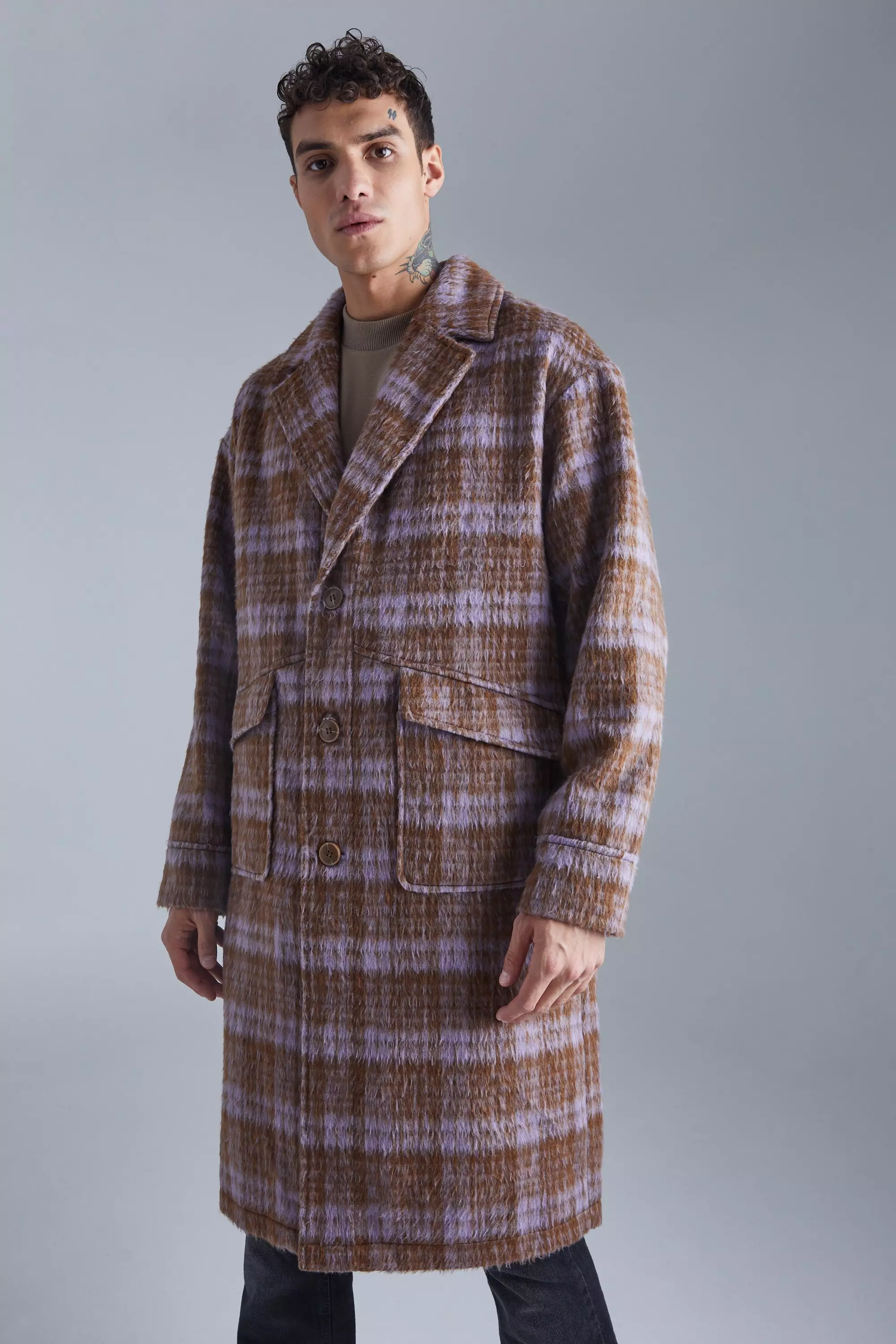 Brown Single Breasted Brushed Check Overcoat alternative image