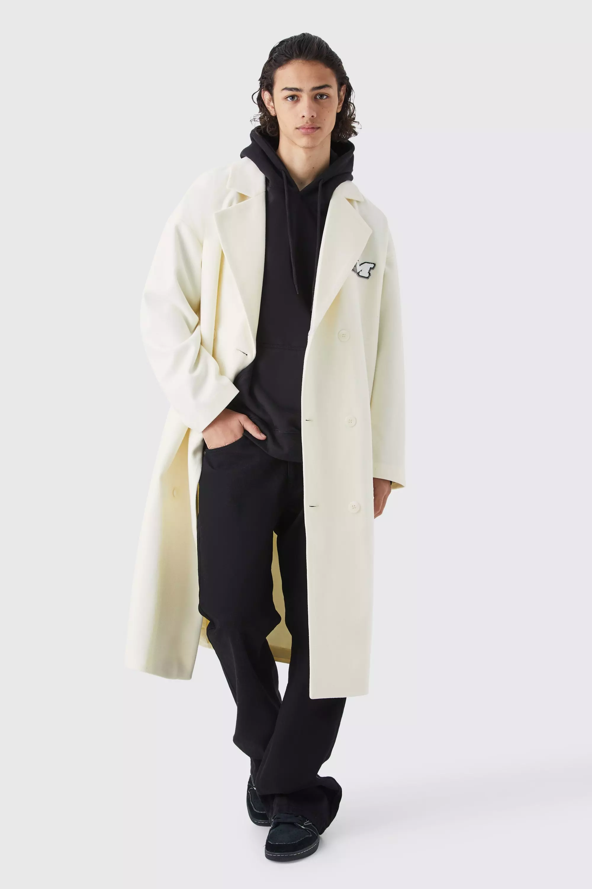 Double Breasted Longline Varsity Badge Overcoat Ecru