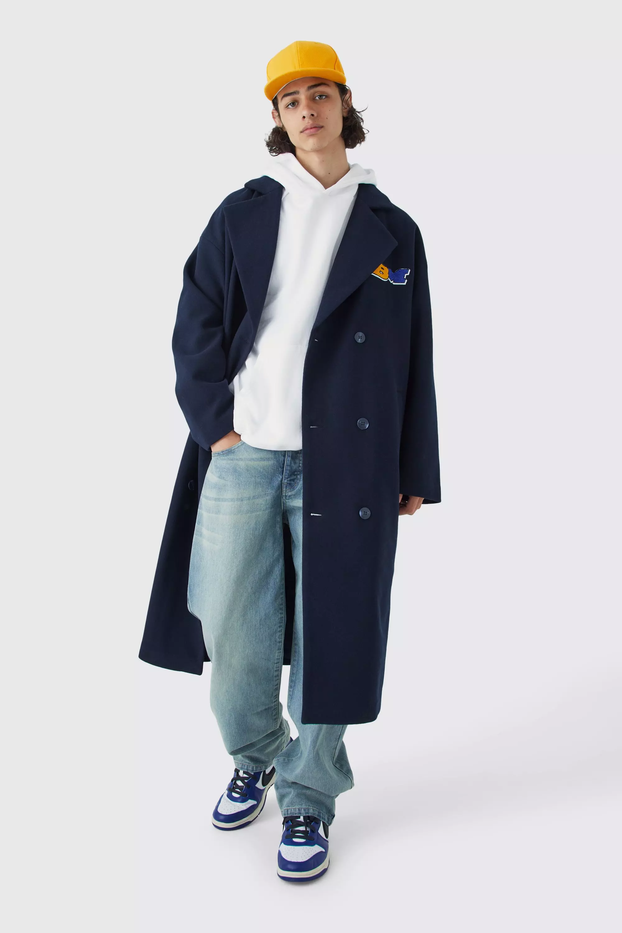 Double Breasted Longline Varsity Badge Overcoat Navy