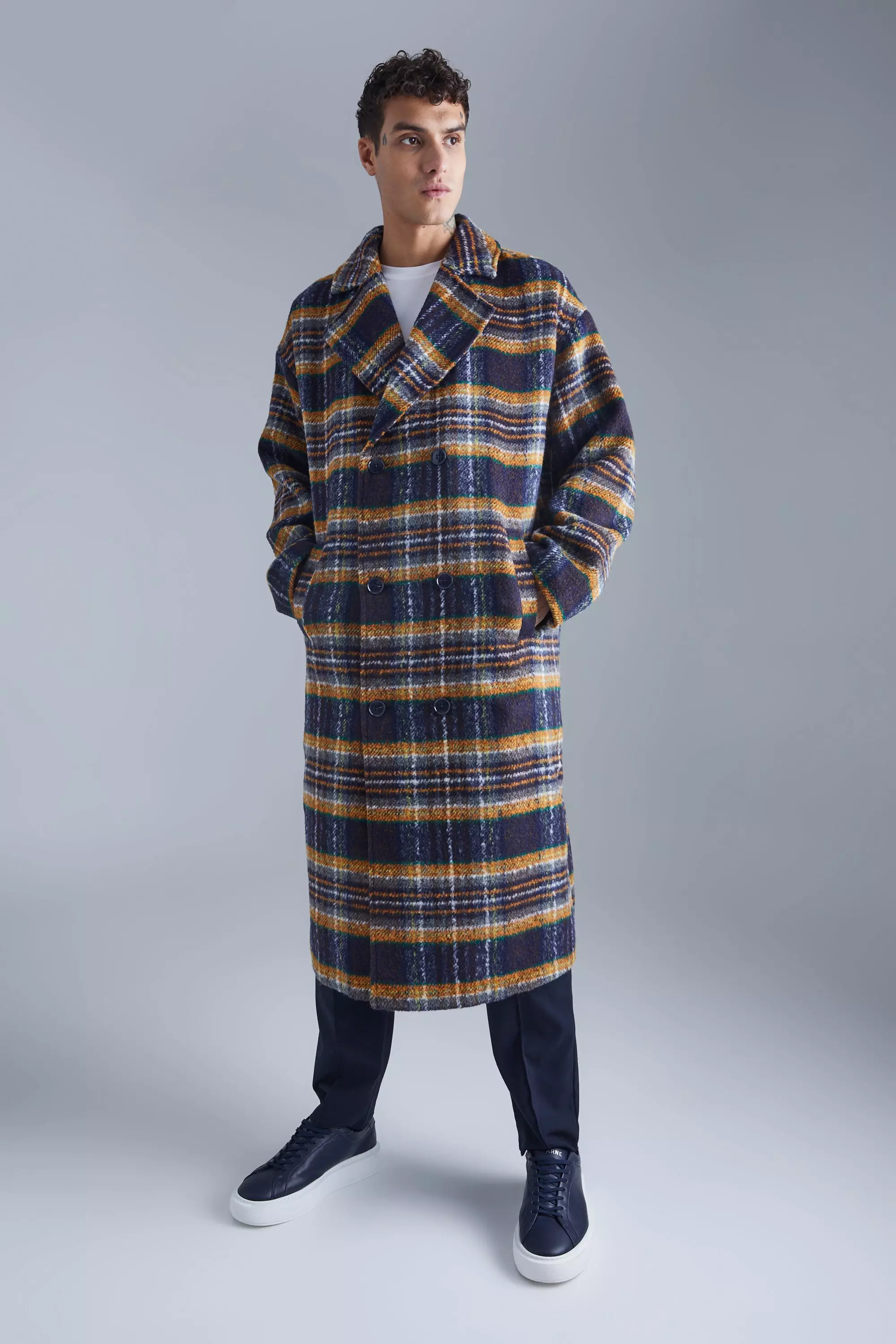 Double Breasted Longline Brushed Plaid Overcoat Multi