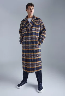 Double Breasted Longline Brushed Check Overcoat Multi