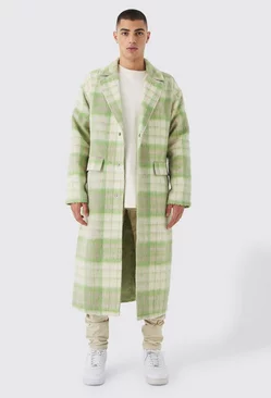 Green Longline Brushed Check Belted Overcoat