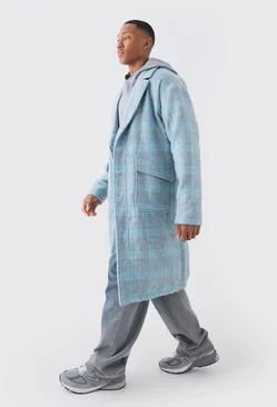 Blue Single Breasted Brushed Check Overcoat