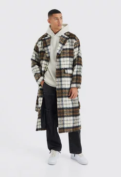 Longline Brushed Check Belted Overcoat Tan