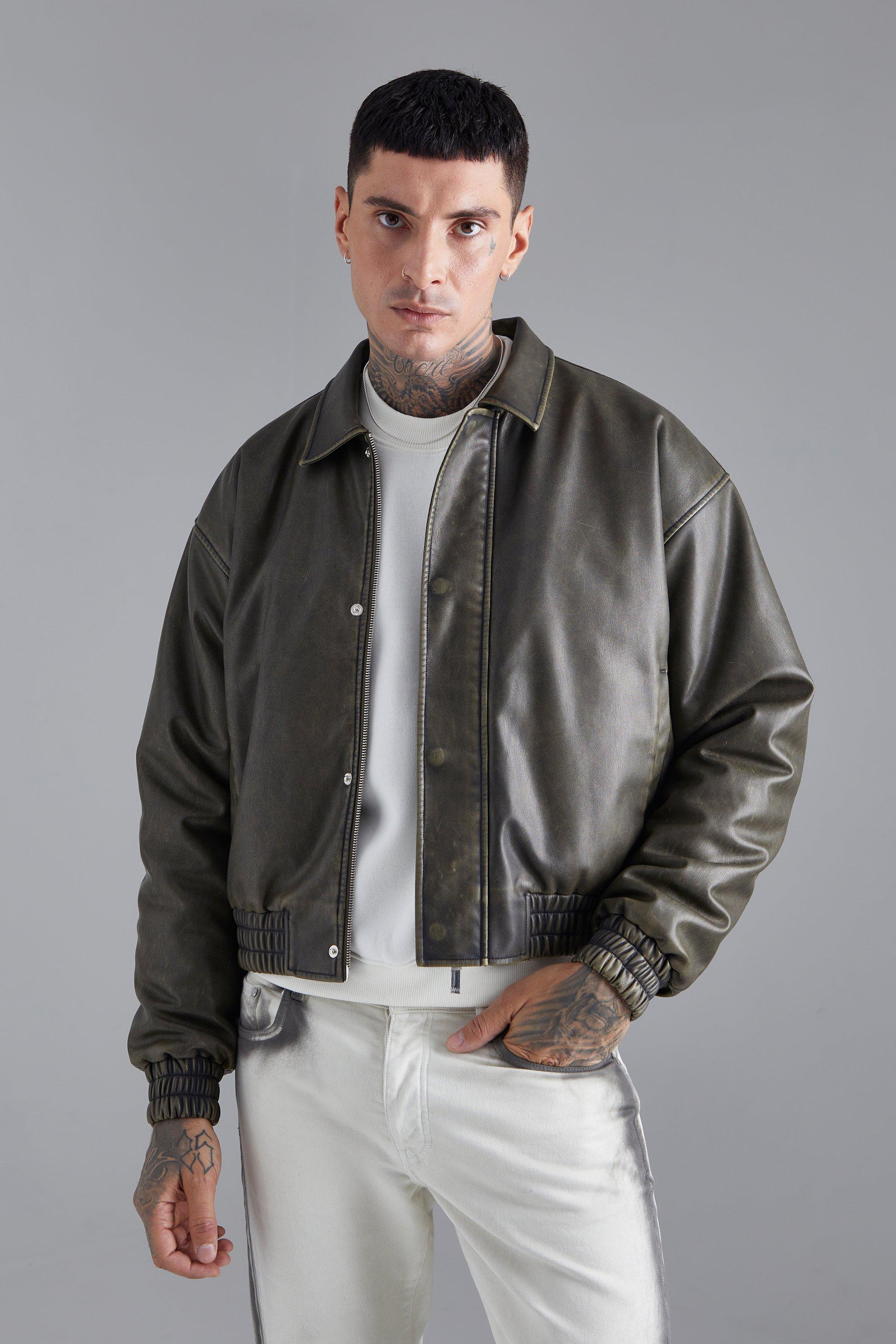 ASOS DESIGN real leather varsity bomber jacket in green