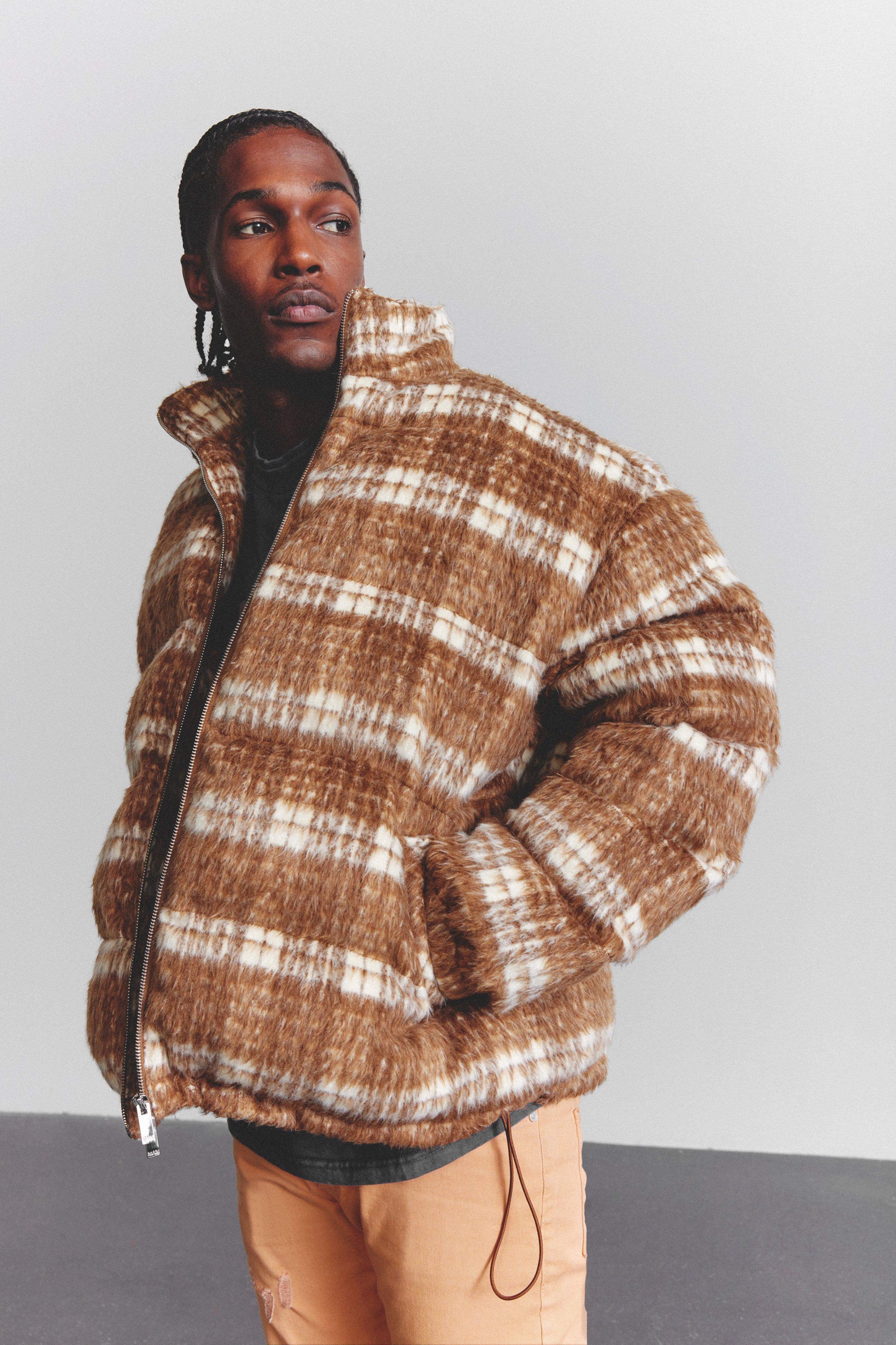 Funnel Neck Heavy Brushed Check Luxe Puffer boohooMAN UK