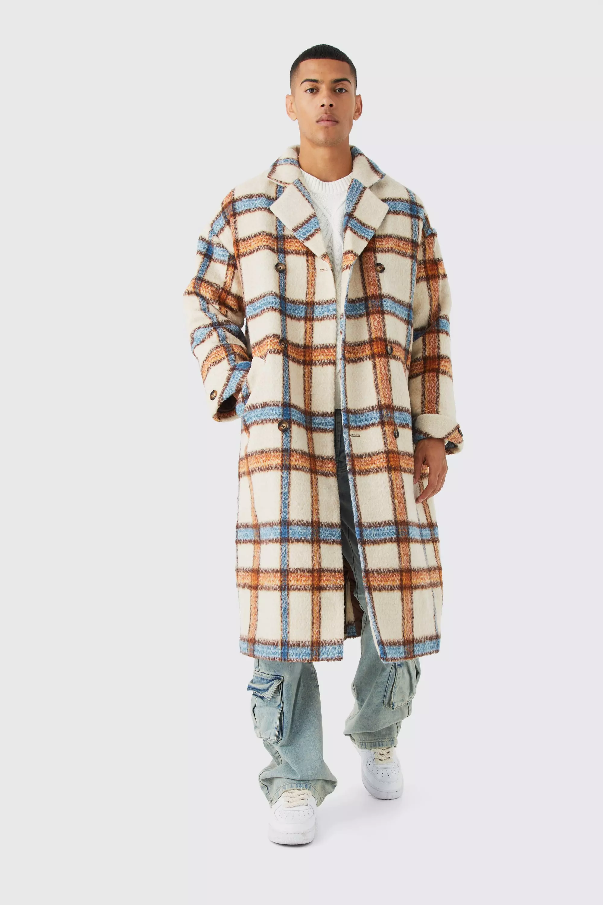 Brushed Check Double Breasted Overcoat in Ecru Ecru