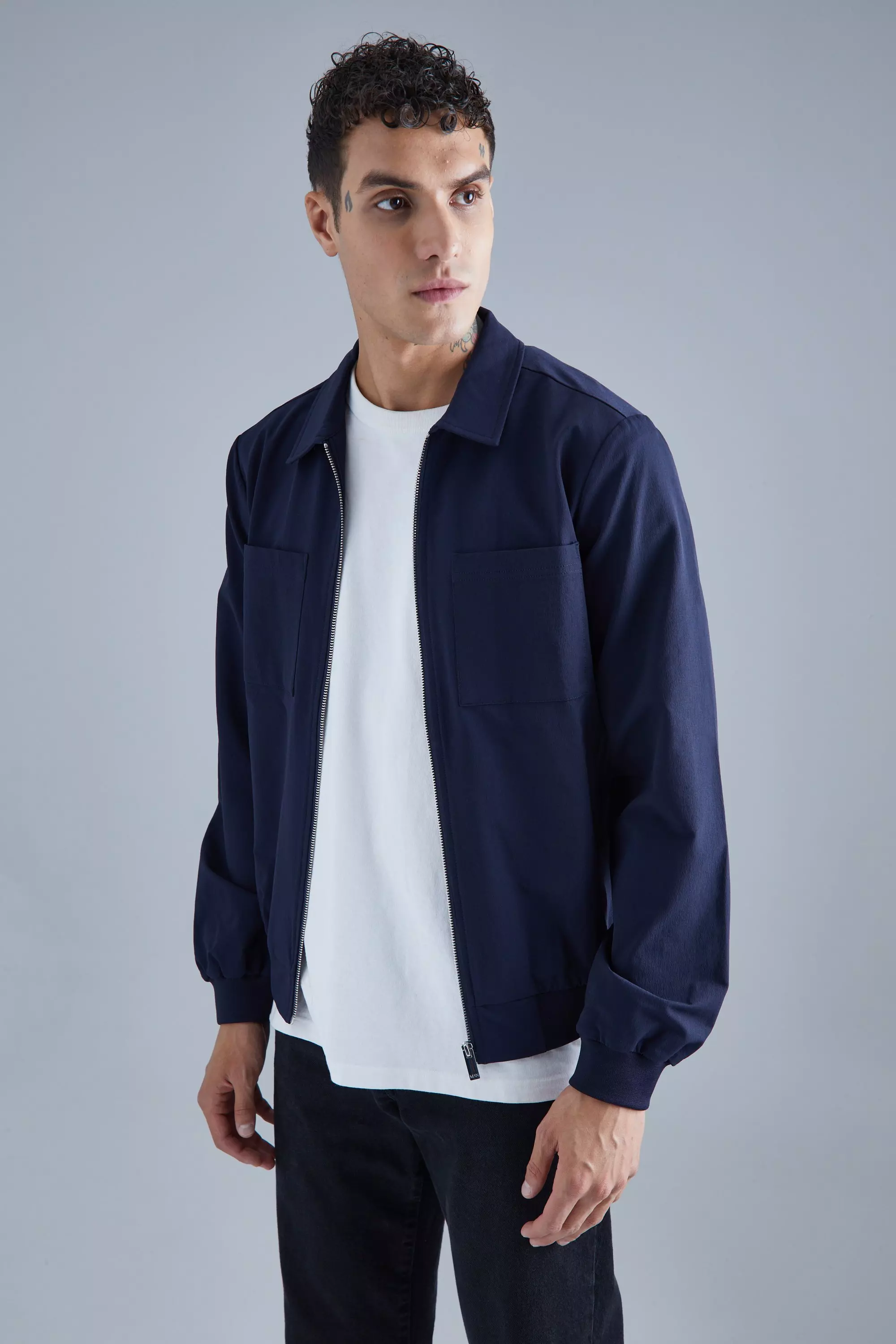 Technical Stretch Harrington With Patch Pockets Navy
