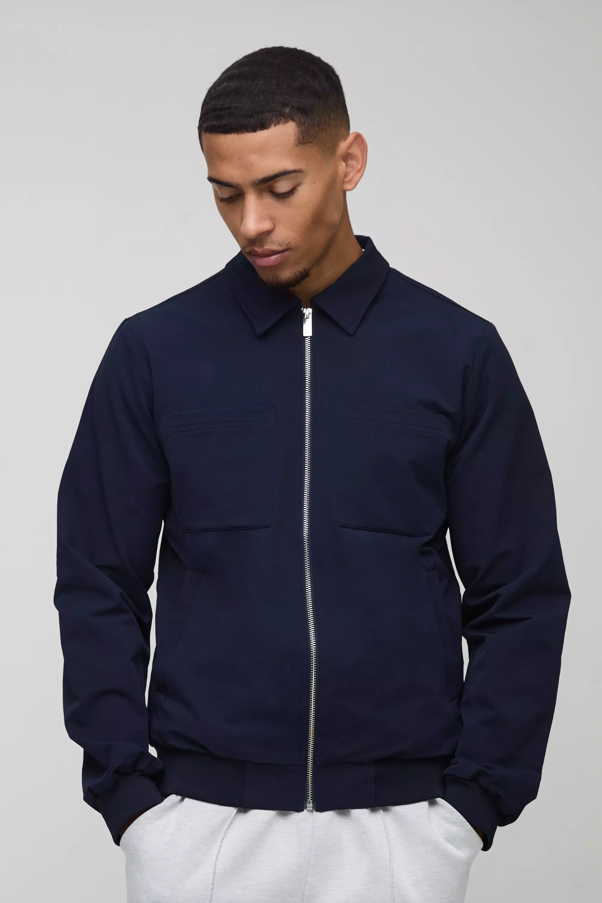 Technical Stretch Harrington With Patch Pockets Navy