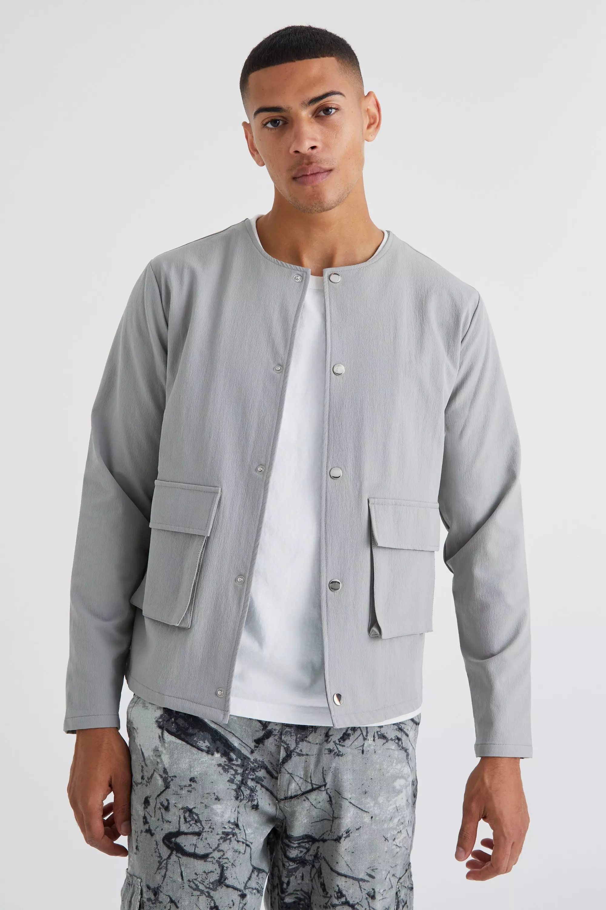 Collarless Technical Stretch Bomber Light grey