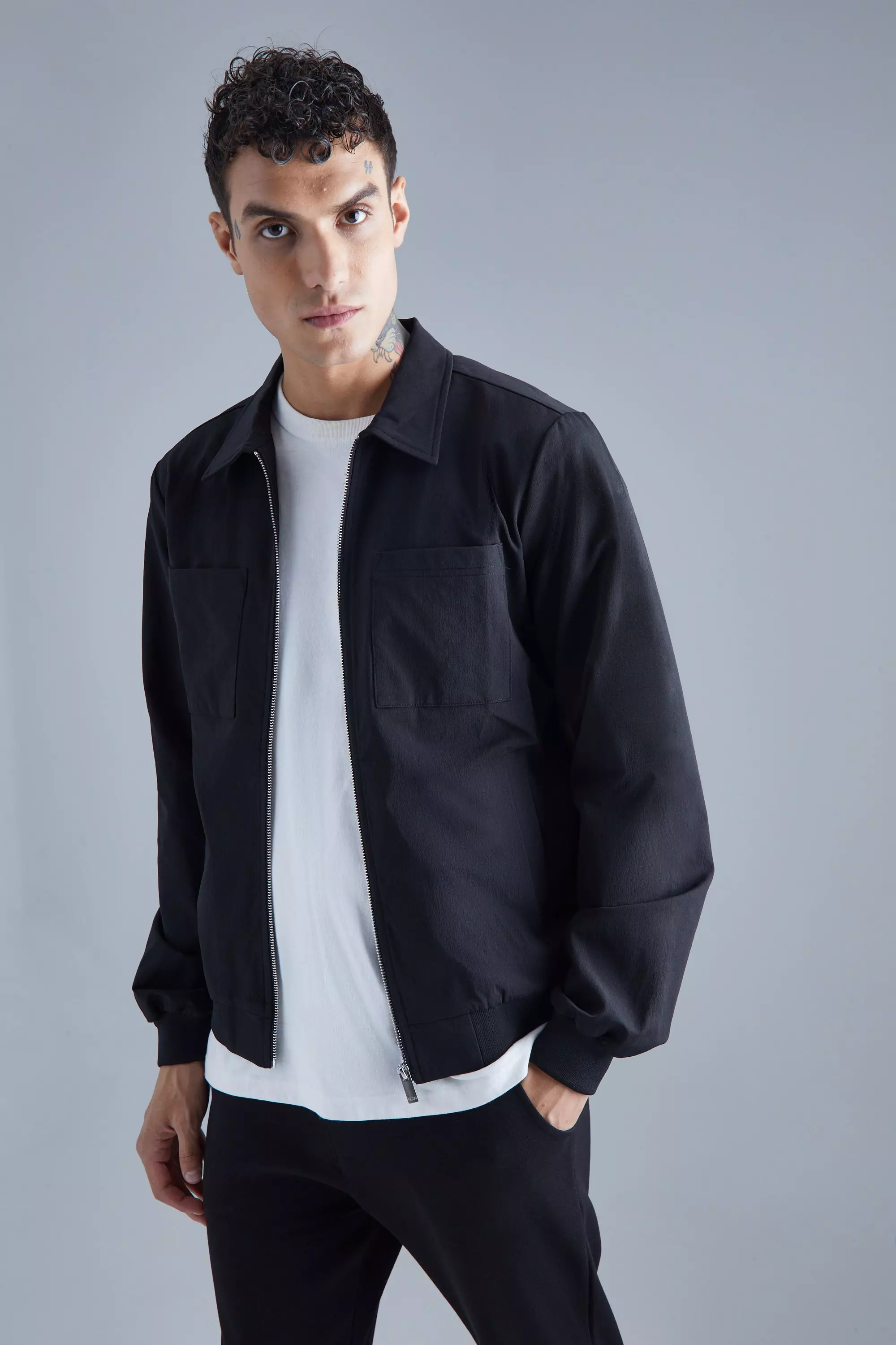 Technical Stretch Harrington With Patch Pockets Black