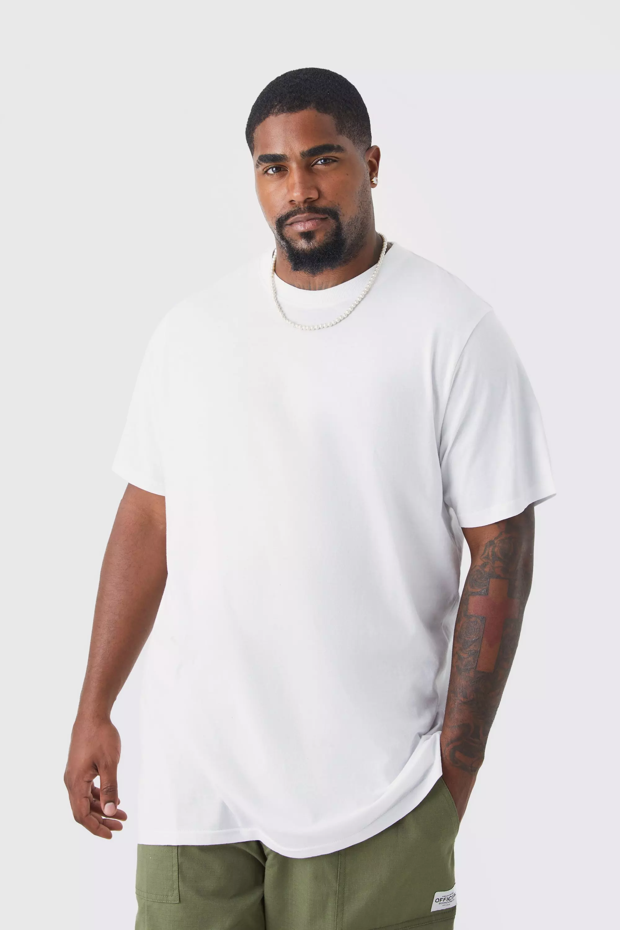 White Plus Basic Longline Crew Neck T-shirt