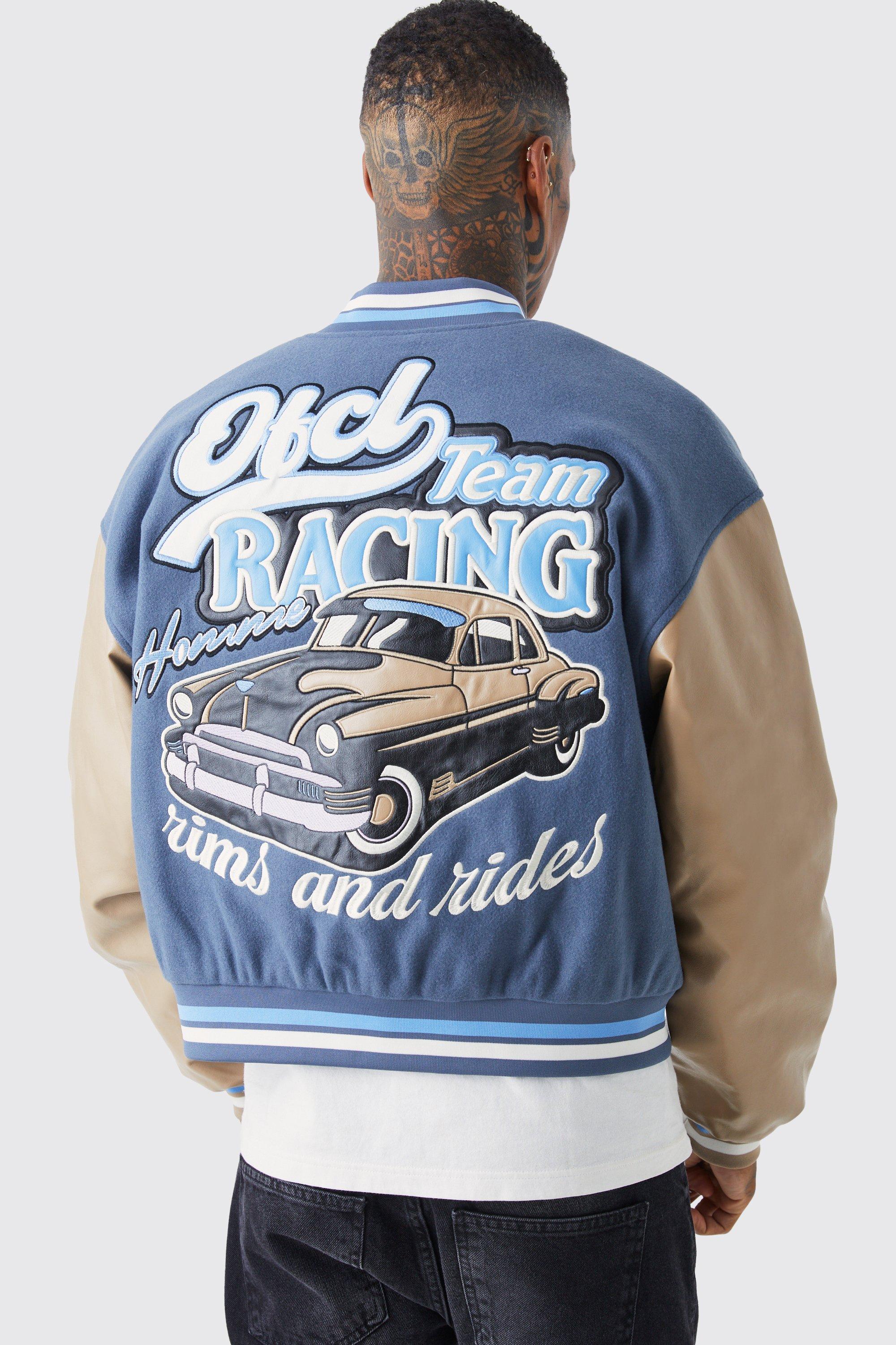 Boxy Melton & Pu Racing Varsity Jacket | boohooMAN USA