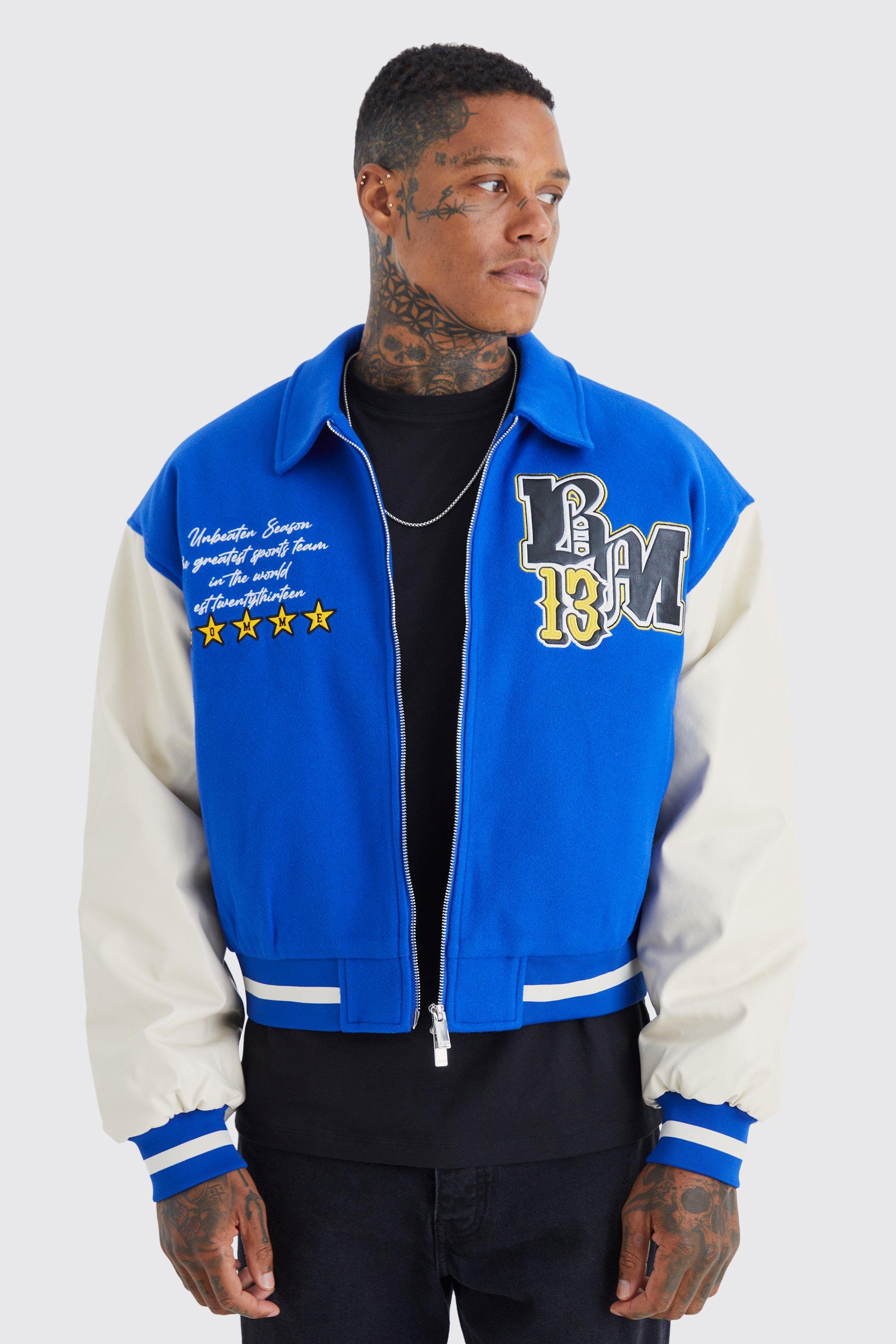 Boxy Melton & Pu Collared Varsity Jacket | boohooMAN USA