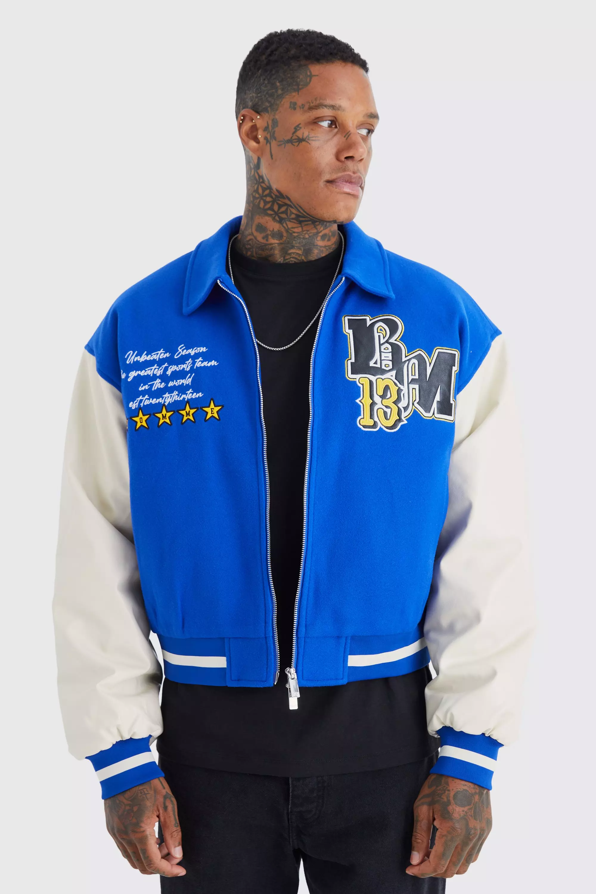 Boxy Melton & Pu Collared Varsity Jacket