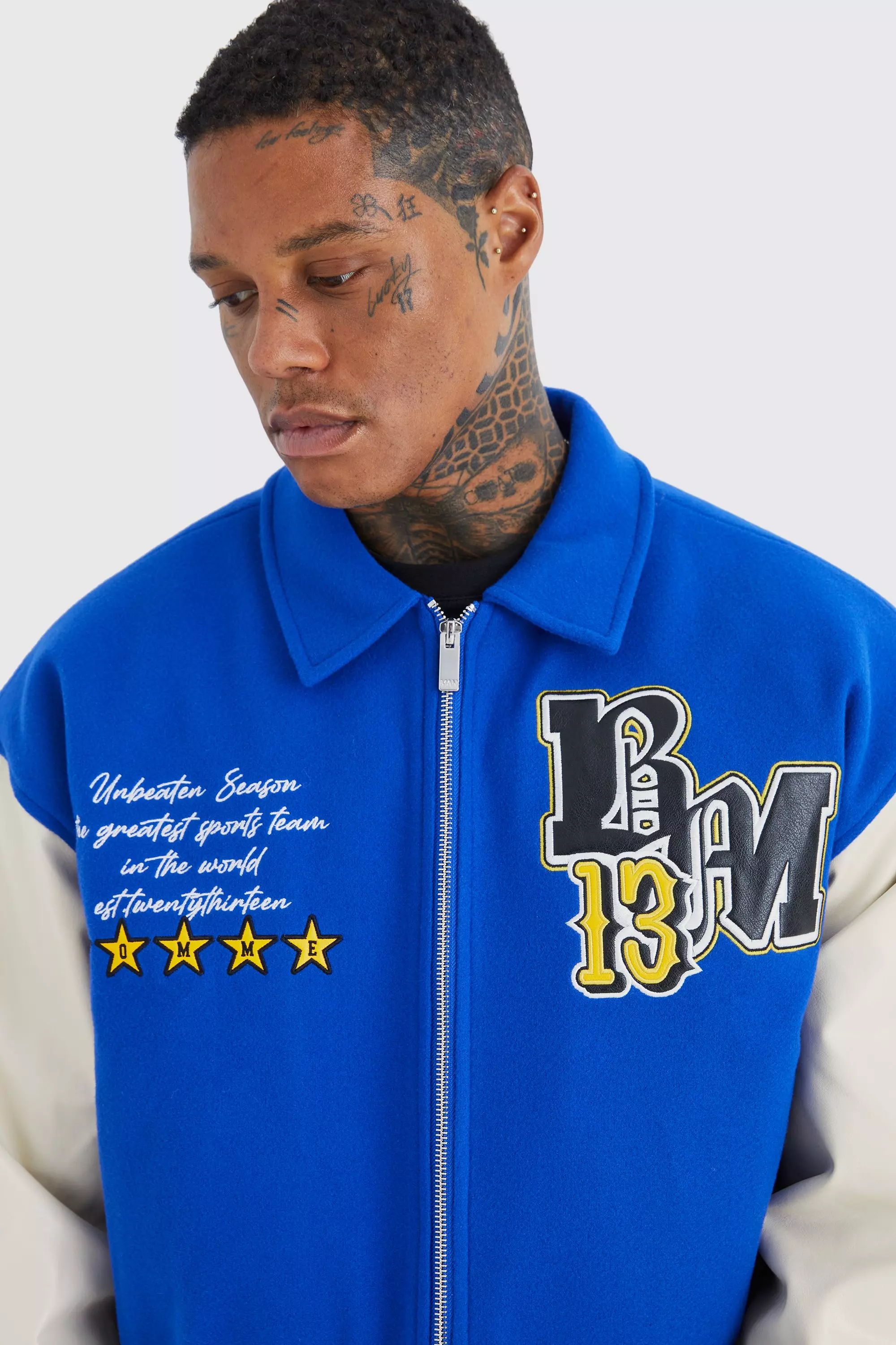 Boxy Melton & Pu Collared Varsity Jacket