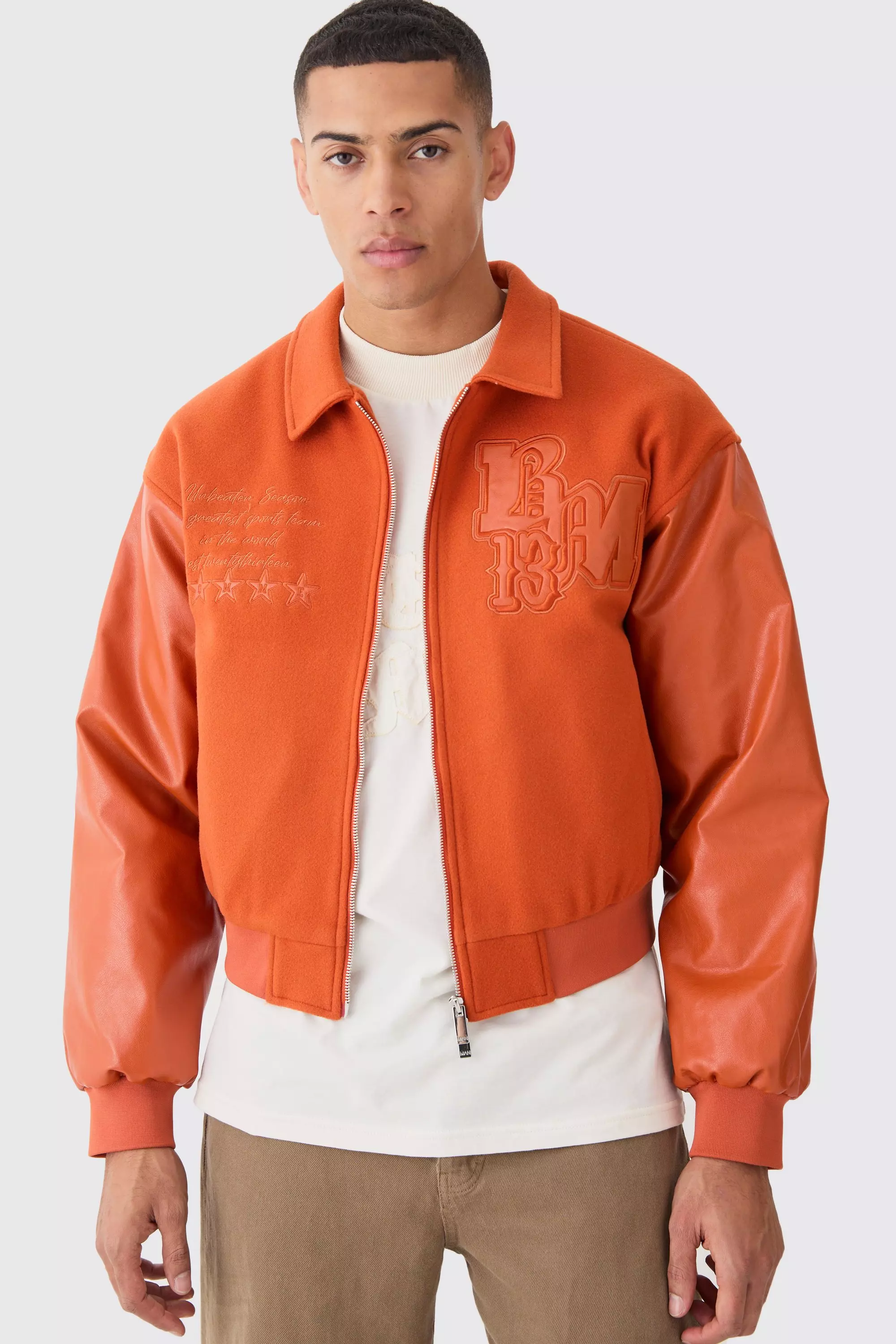 Burnt orange Boxy Melton & Pu Collared Varsity Jacket alternative image
