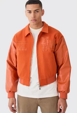 Orange Boxy Melton & Pu Collared Varsity Jacket