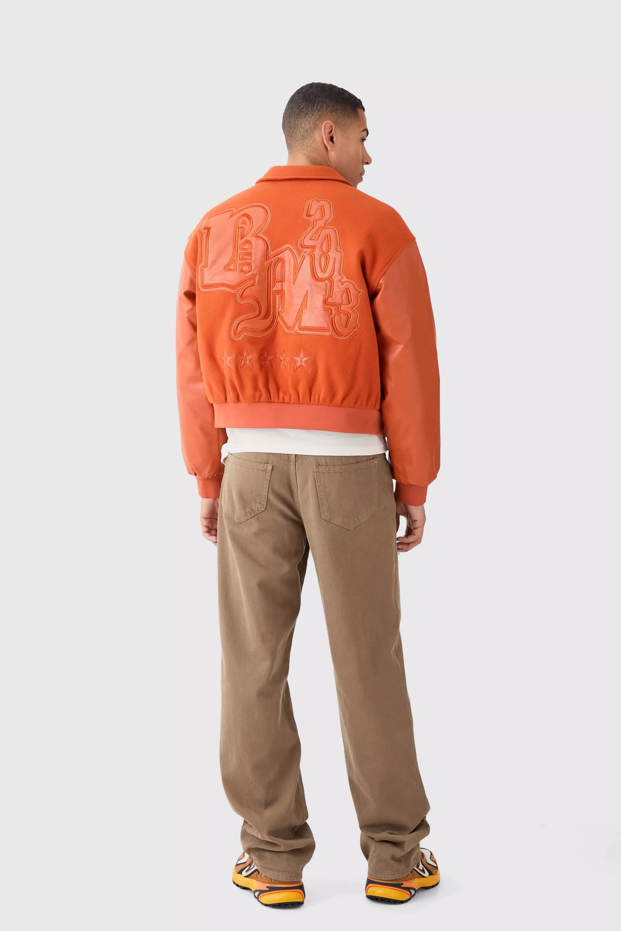 Burnt orange Boxy Melton & Pu Collared Varsity Jacket alternative image