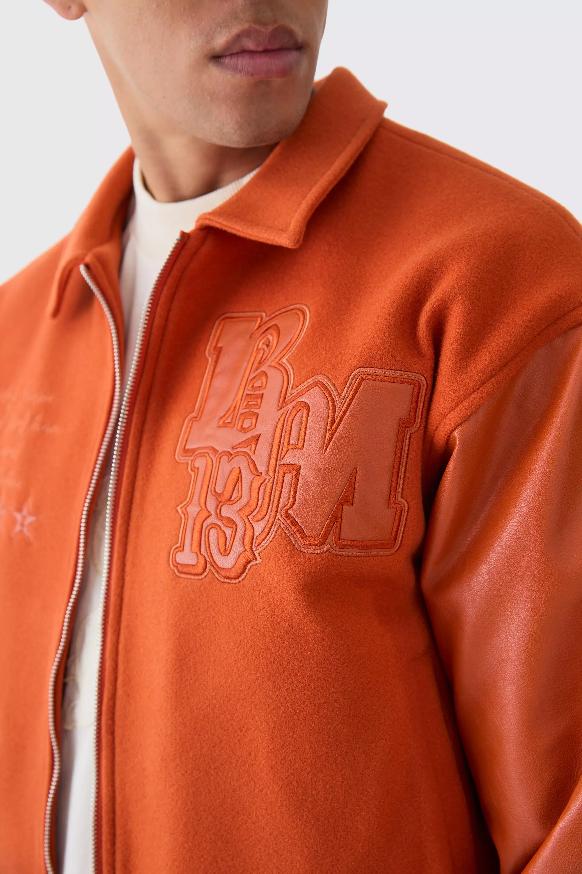 Burnt orange Boxy Melton & Pu Collared Varsity Jacket alternative image