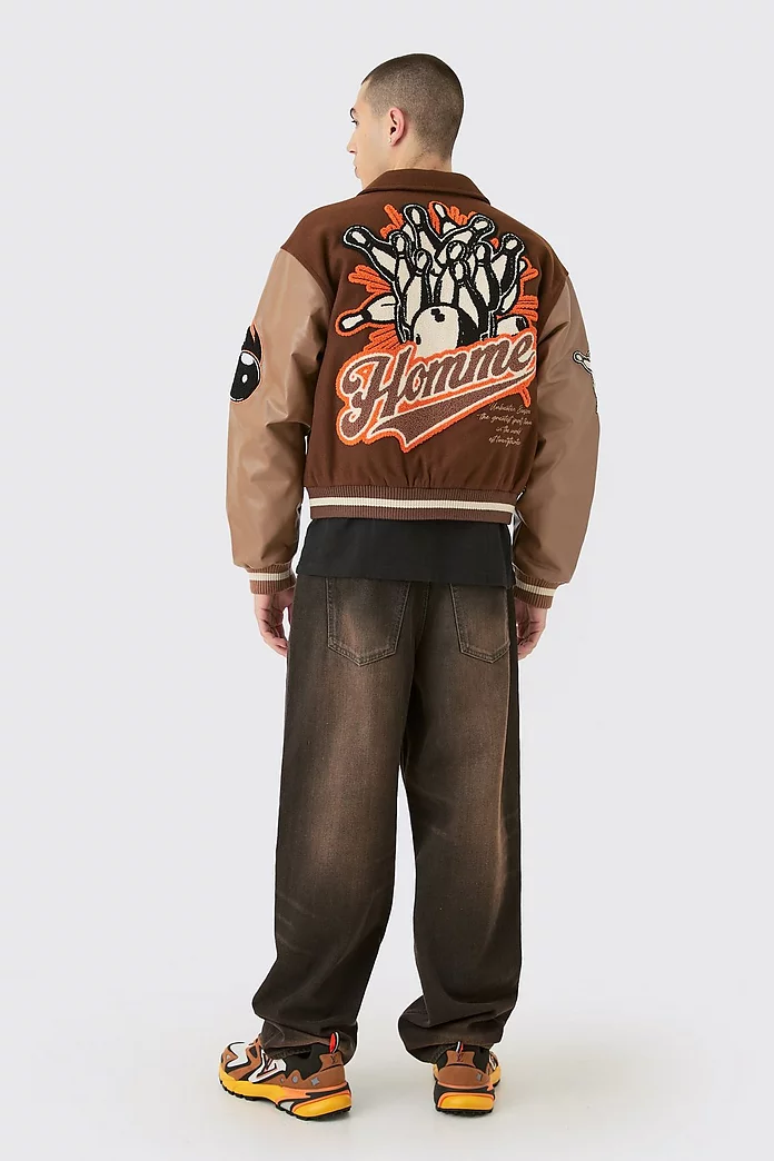 Boxy Melton & Pu Collared Varsity Jacket | boohooMAN USA Boxy Melton & Pu Collared Varsity Jacket | boohooMAN USA