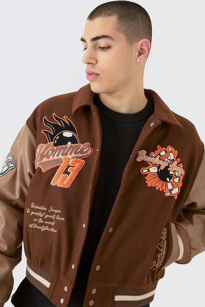 Boxy Melton & Pu Collared Varsity Jacket | boohooMAN USA Boxy Melton & Pu Collared Varsity Jacket | boohooMAN USA