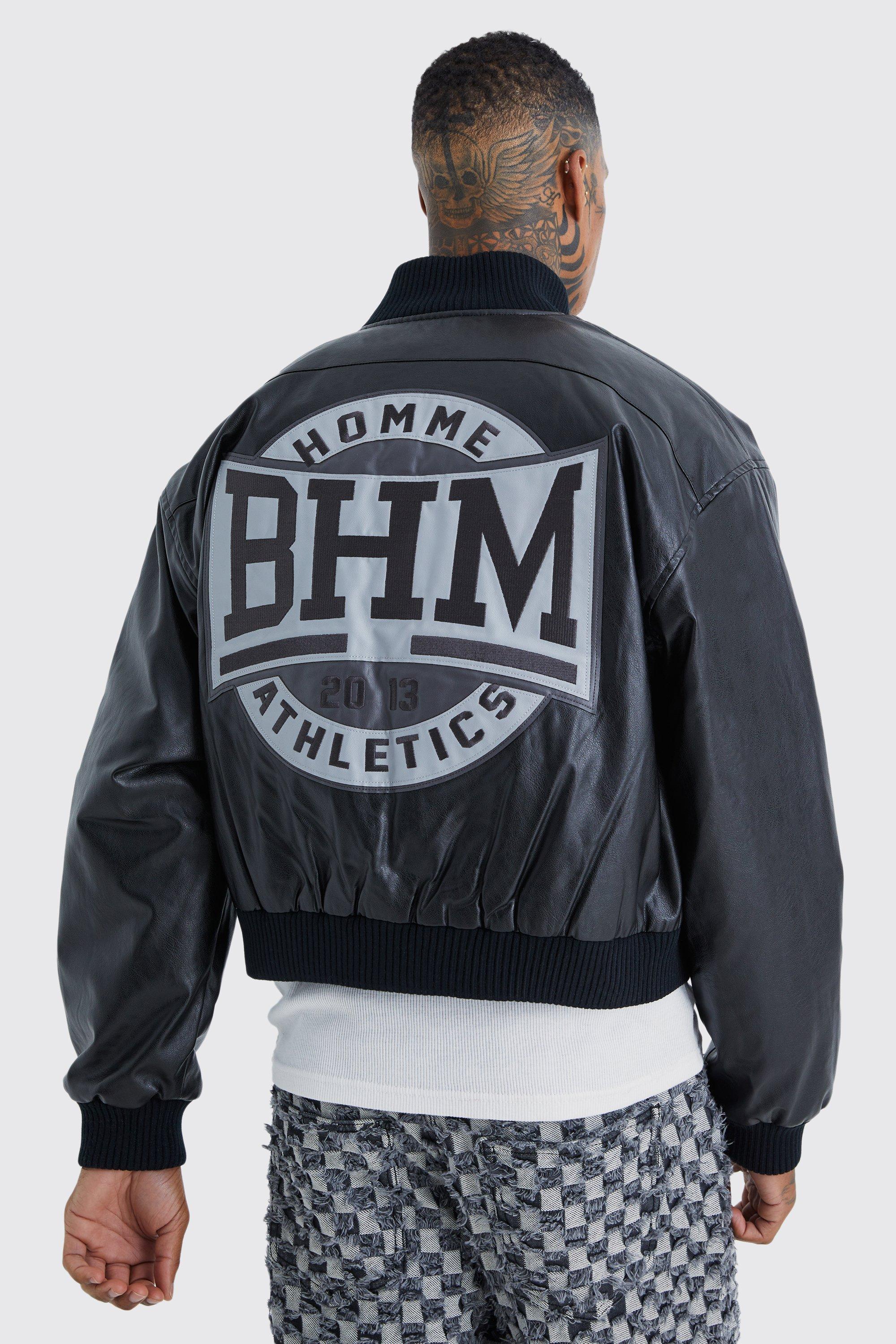 Boxy Funnel Neck Pu Varsity Jacket | boohooMAN USA