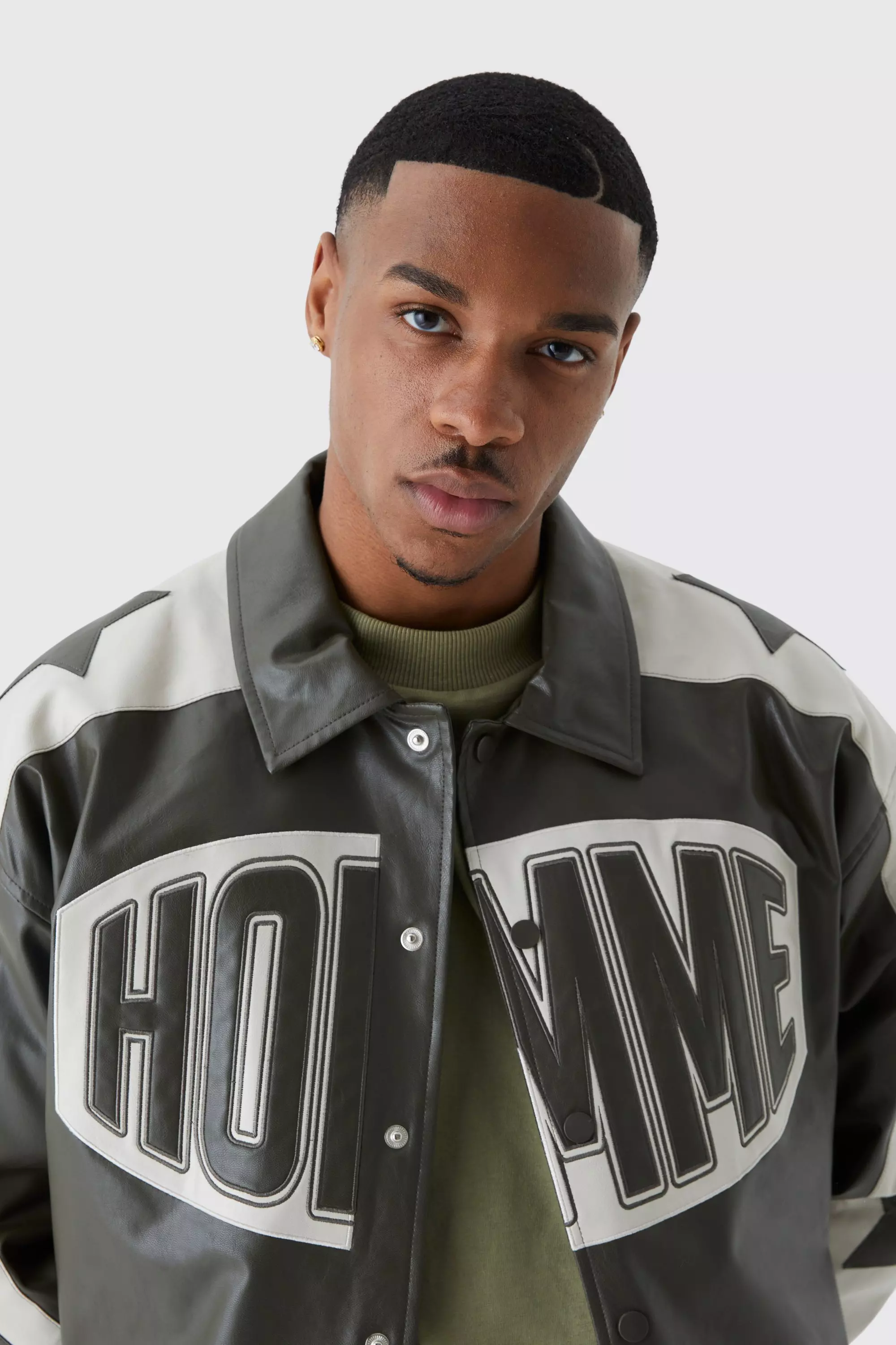Boxy Homme Pu Badge Collared Varsity Jacket | boohooMAN USA