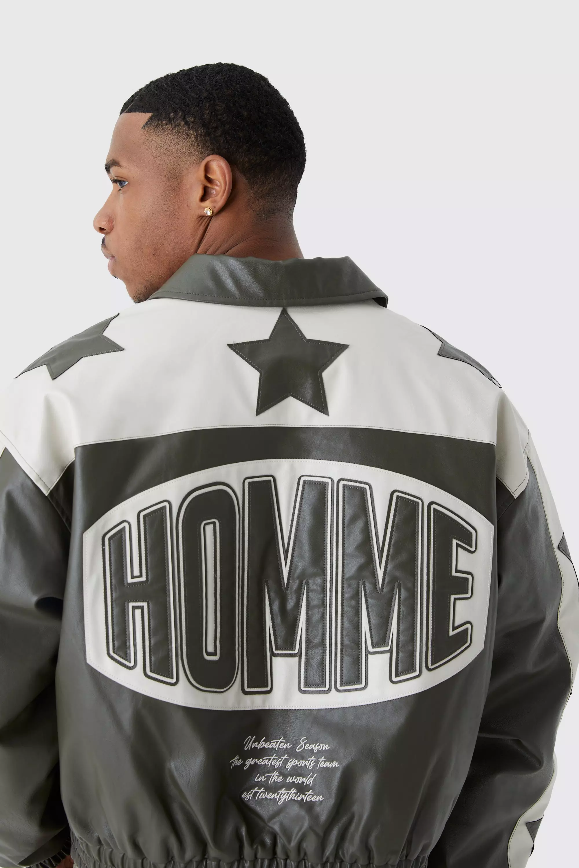Boxy Homme Pu Badge Collared Varsity Jacket | boohooMAN USA