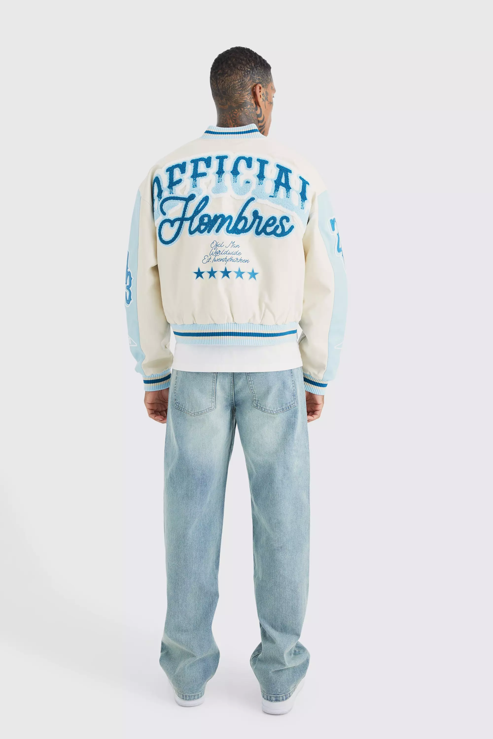 Boxy Melton & Pu Ombre Varsity Jacket | boohooMAN USA