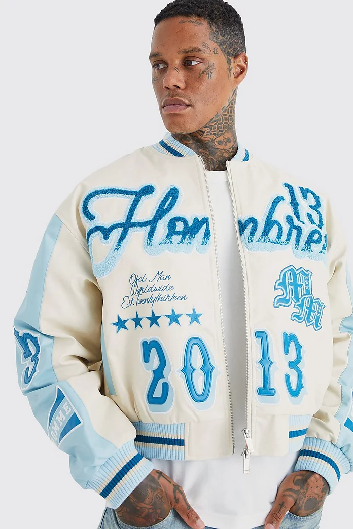 Boxy Melton & Pu Ombre Varsity Jacket | boohooMAN USA Boxy Melton & Pu Ombre Varsity Jacket | boohooMAN USA