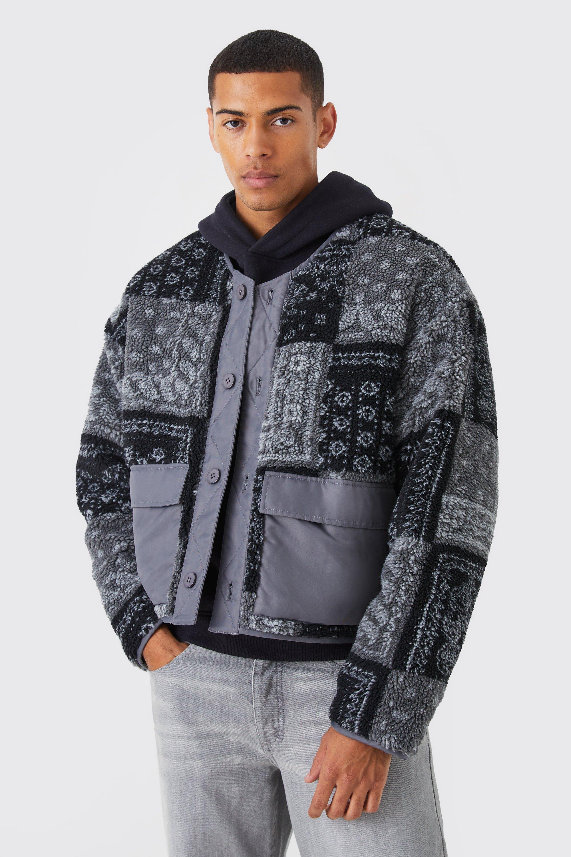 Boxy Bandana Print Borg & Nylon Bomber | boohooMAN USA