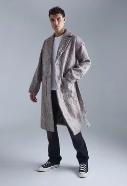 Longline Brushed Wool Look Belted Overcoat Grey