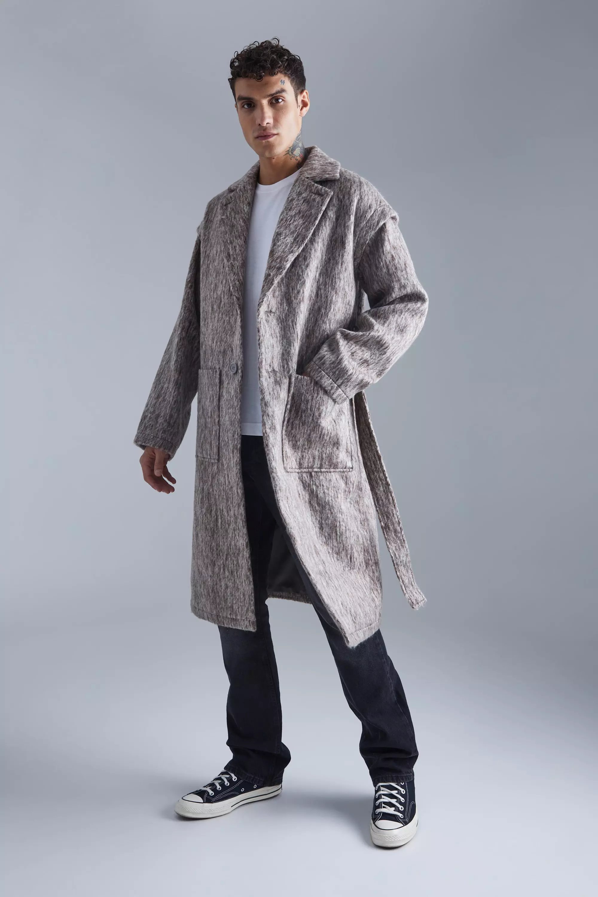 Longline Brushed Wool Look Belted Overcoat boohooMAN USA