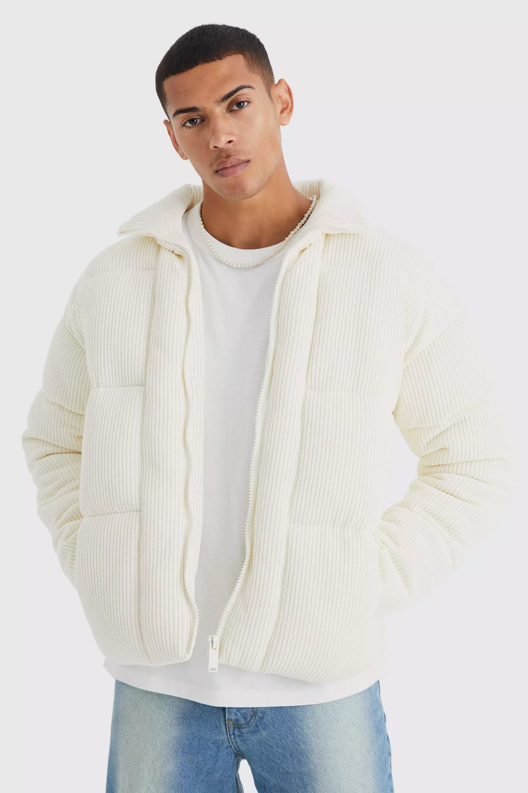 Ecru White Chunky Knitted Funnel Neck Puffer