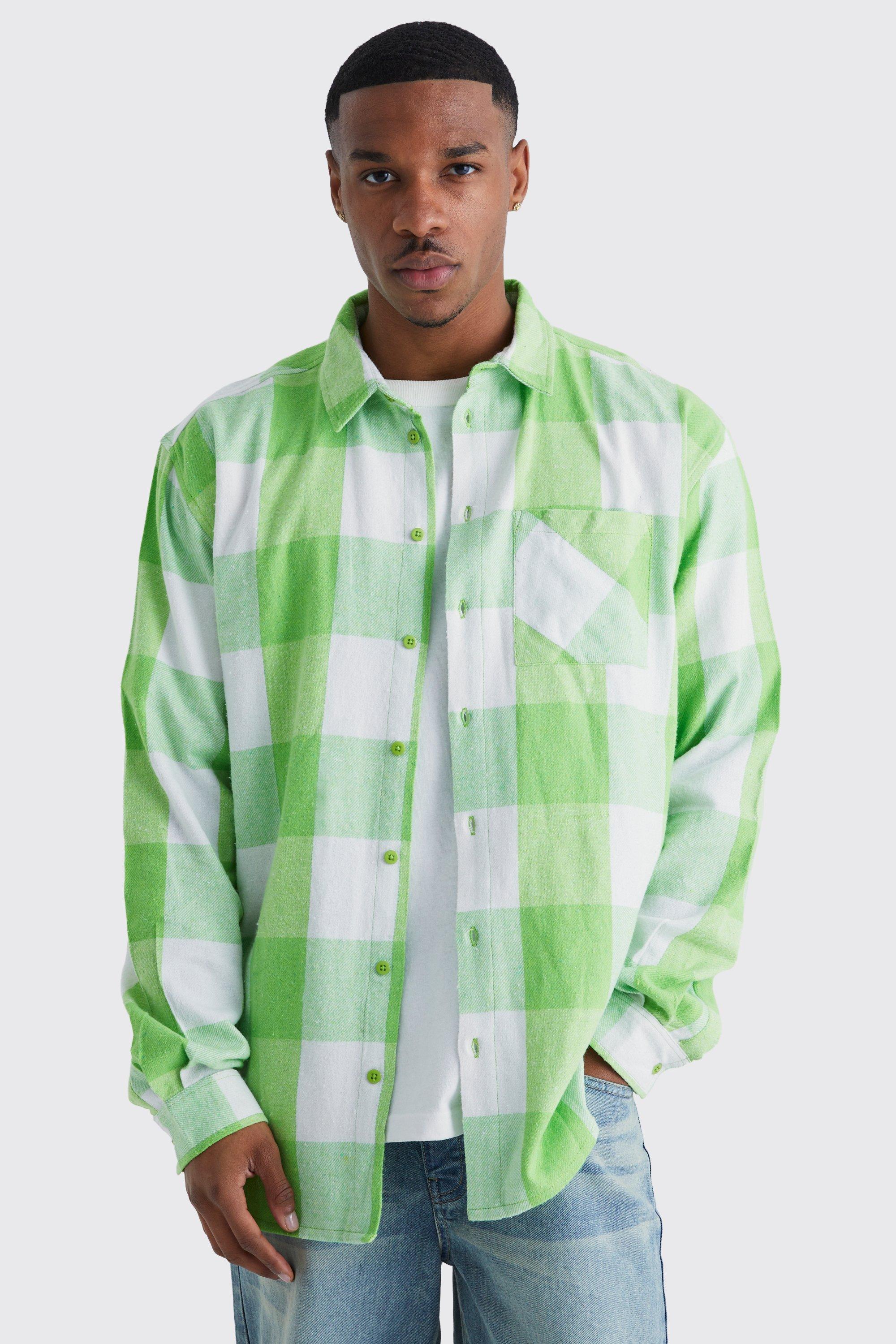 boohooMAN Long Sleeve Longline Flannel Shirt - Green - Size XS