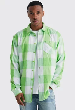 Long Sleeve Oversized Bright Square Flannel Shirt Lime