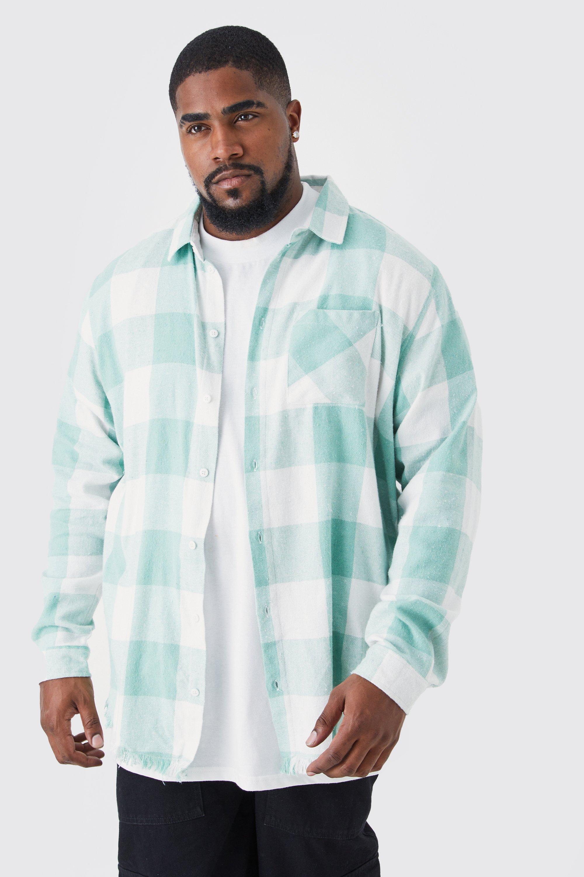 boohooMAN Long Sleeve Longline Flannel Shirt - Green - Size XS