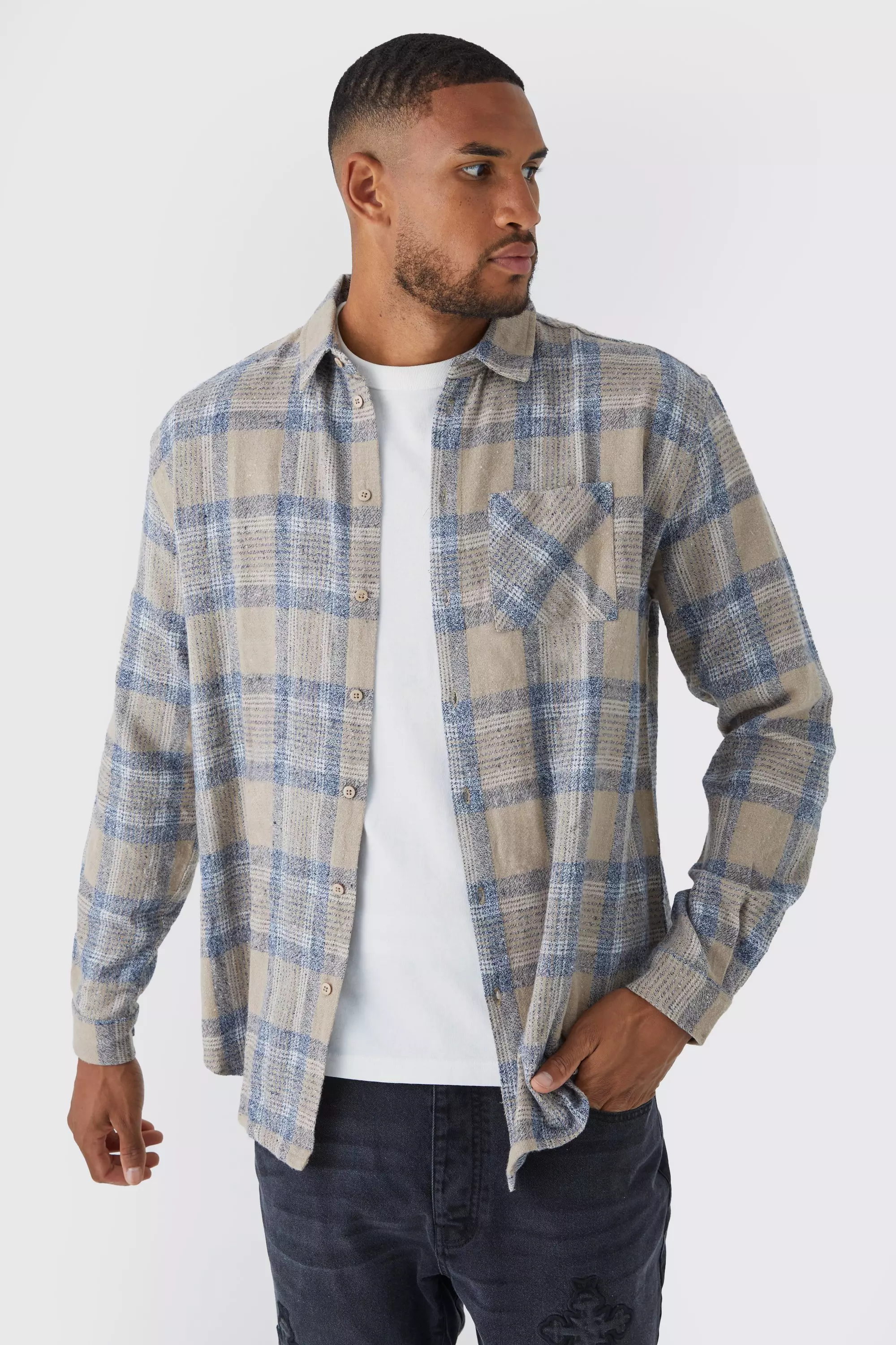 Stone Beige Tall Long Sleeve Classic Oversized Flannel Shirt