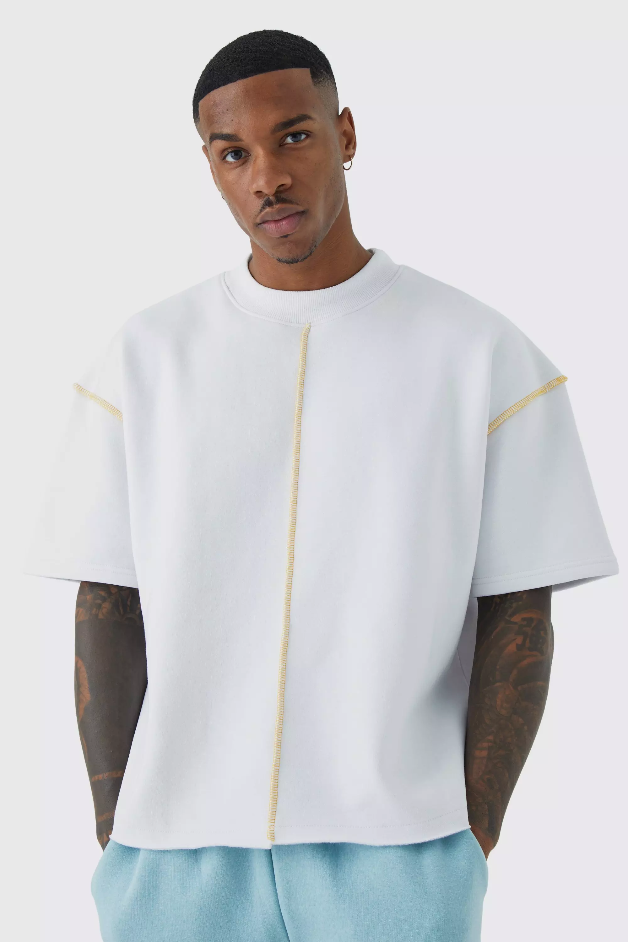 Oversized Extended Neck Contrast Short Sleeve Sweatshirt | boohooMAN USA