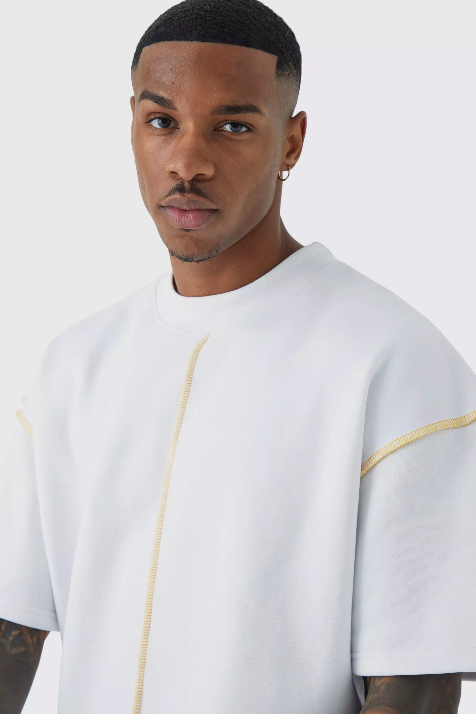 Oversized Extended Neck Contrast Short Sleeve Sweatshirt | boohooMAN USA