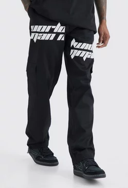 Black Relaxed Cargo Spliced Text Print Pants