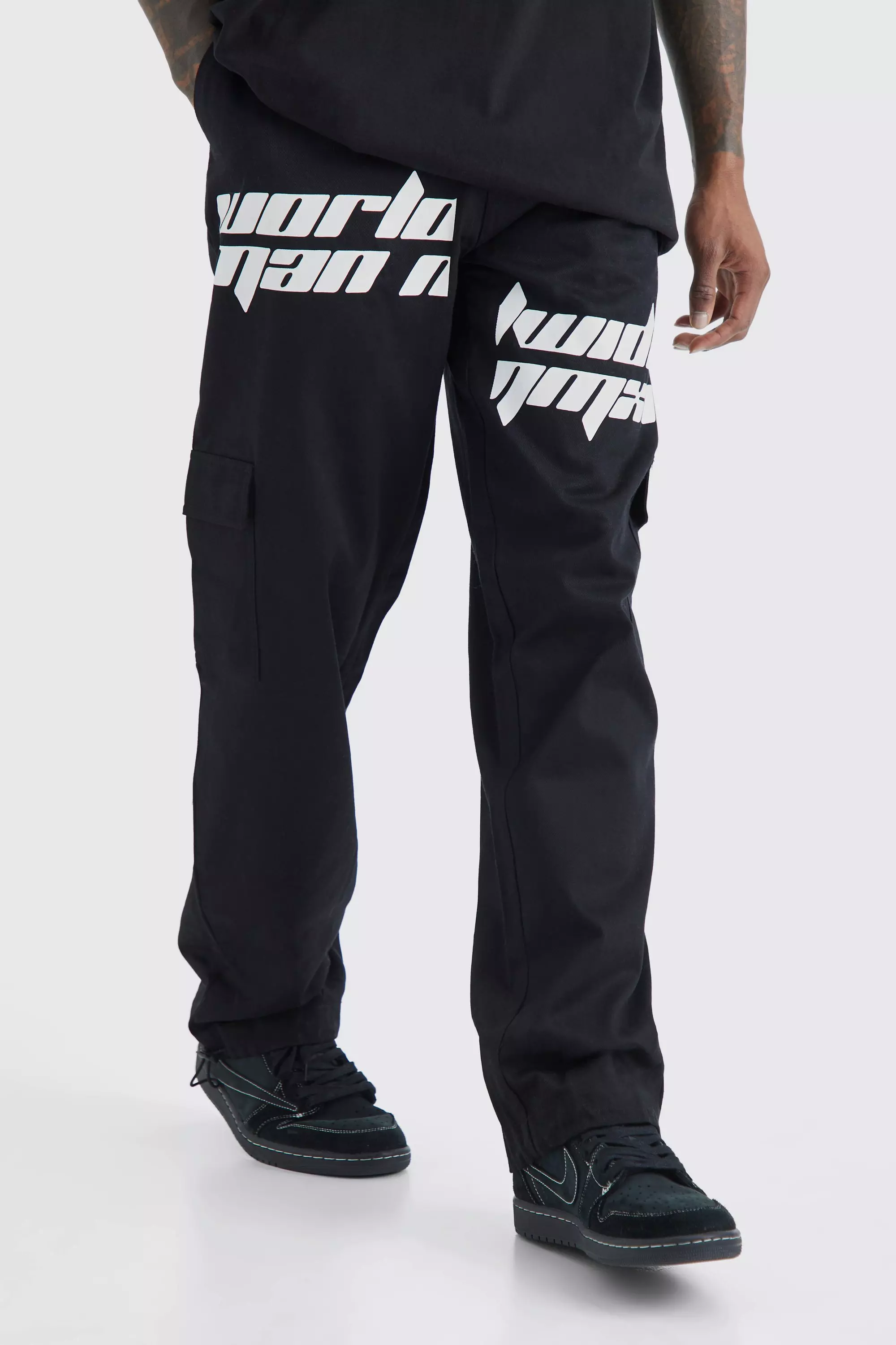 Relaxed Cargo Spliced Text Print Pants Black
